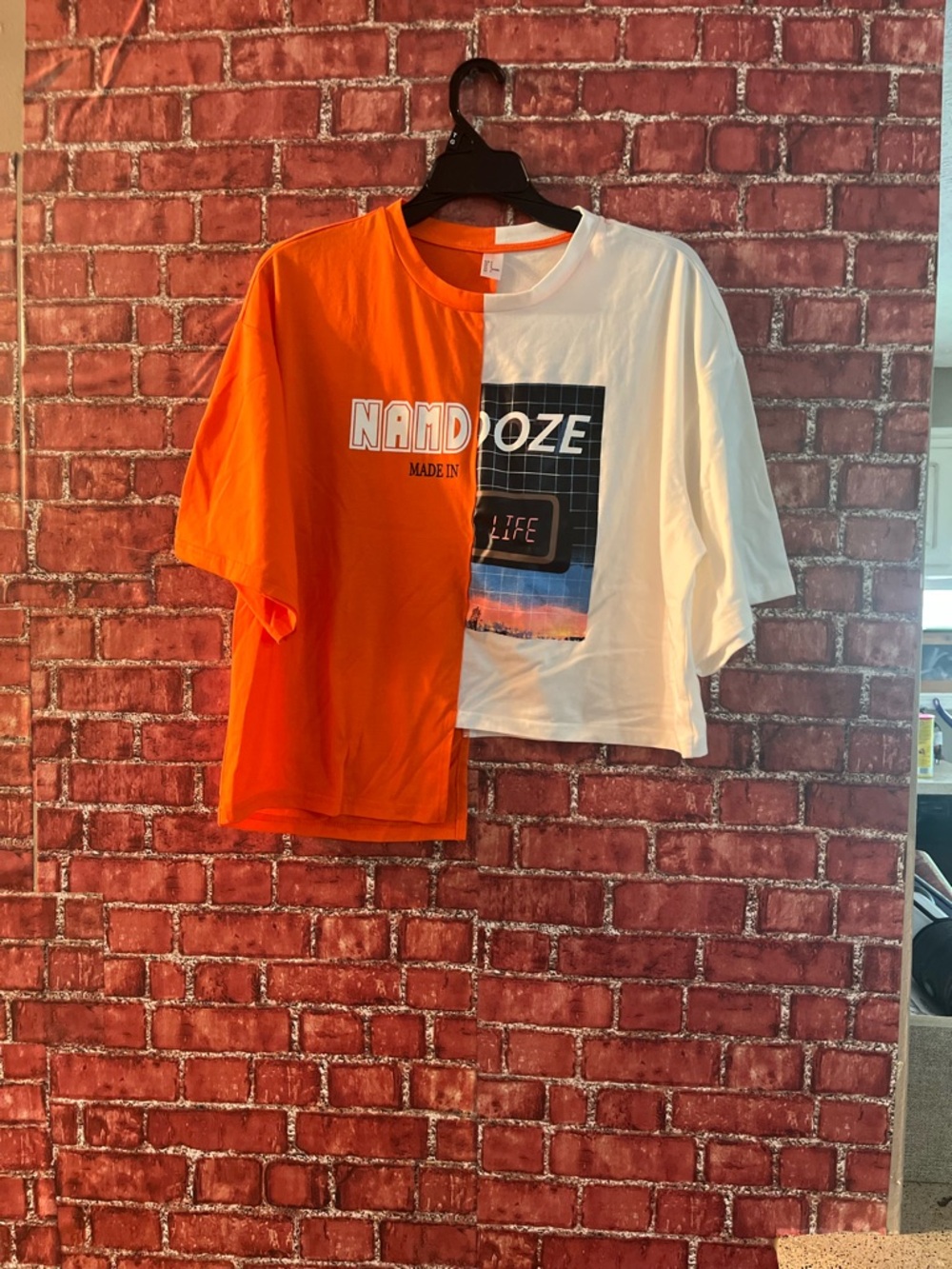 SHEIN Orange & White Split-Hem Graphic Crop Tee (Rm86)